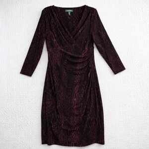 Lauren Ralph Lauren Burgundy Black Abstract Ruched V-Neck Sheath Dress 8